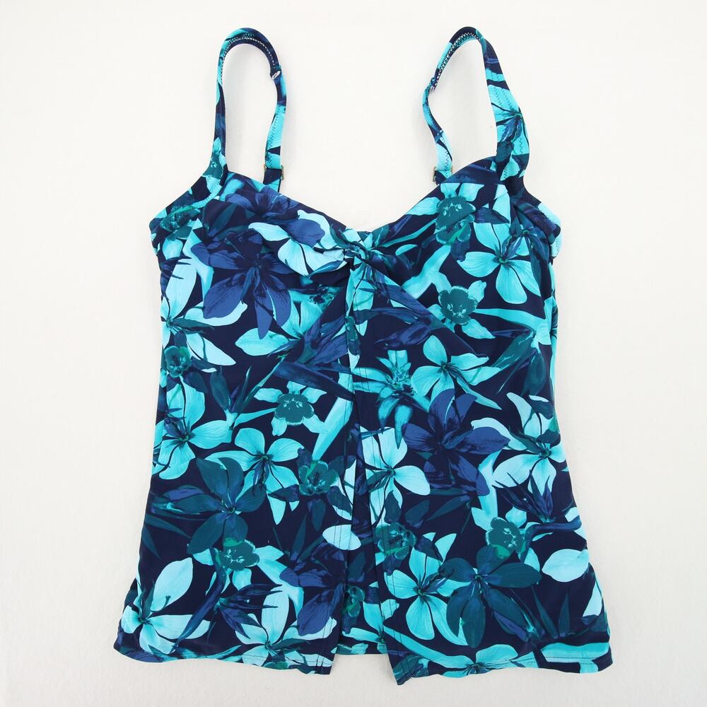Lands End Tankini Top Blue Teal Green Floral Flyaway Tummy Control Underwire 6